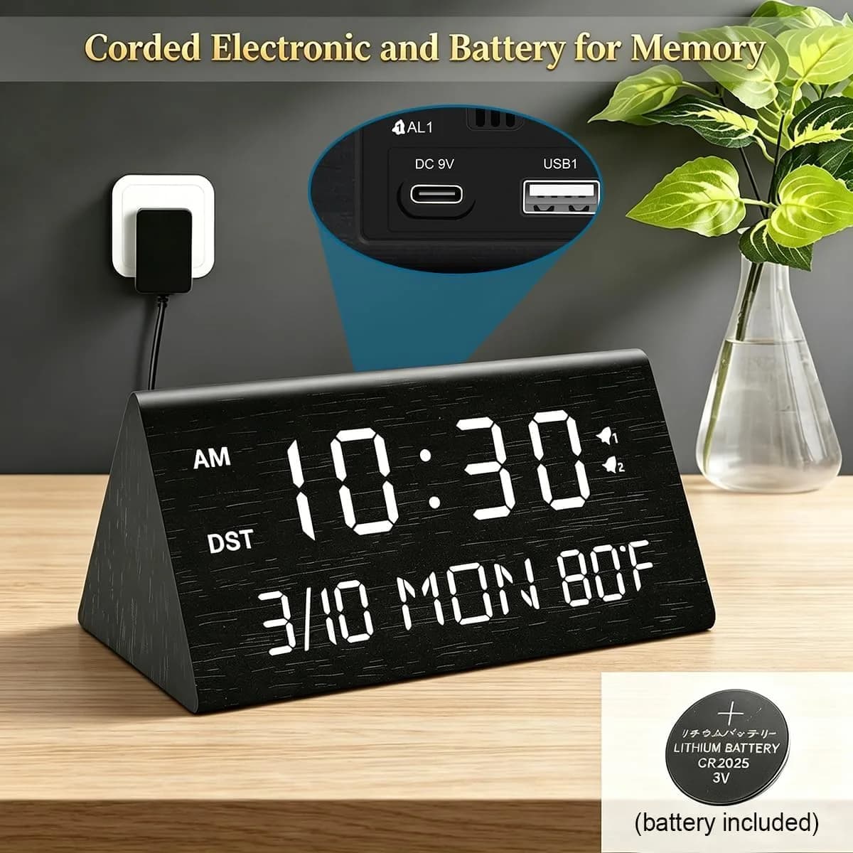 Kogonee Wooden Digital Alarm Clock with Dual USB Ports, Dimmable LED Display, Date, Day, Temp | 15.2 cm (6 Inch) Black - view 2