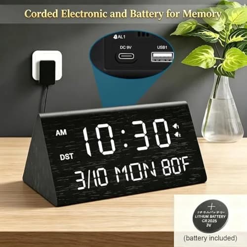 Kogonee Wooden Digital Alarm Clock with Dual USB Ports, Dimmable LED Display, Date, Day, Temp | 15.2 cm (6 Inch) Black thumbnail 2