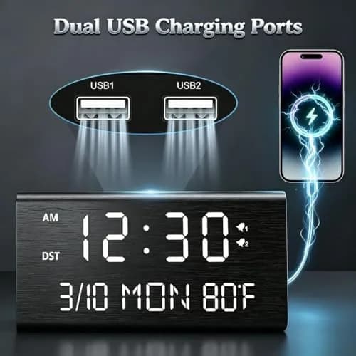 Kogonee Wooden Digital Alarm Clock with Dual USB Ports, Dimmable LED Display, Date, Day, Temp | 15.2 cm (6 Inch) Black thumbnail 3