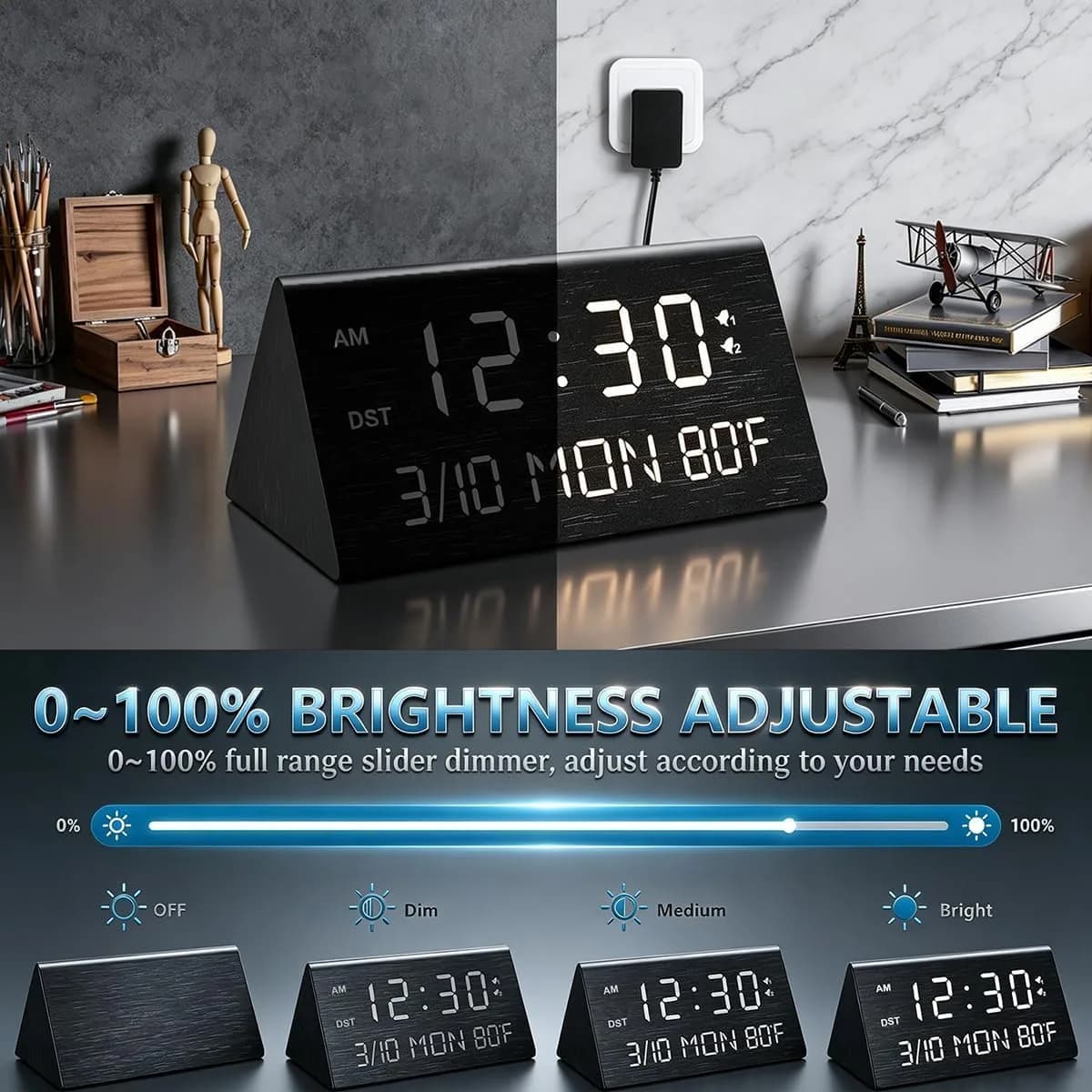 Kogonee Wooden Digital Alarm Clock with Dual USB Ports, Dimmable LED Display, Date, Day, Temp | 15.2 cm (6 Inch) Black - view 4