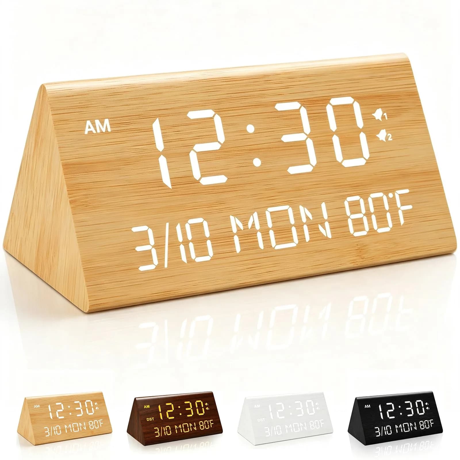 Kogonee Wooden Digital Alarm Clock with Dual USB Charging Ports, Dimmable LED Display, DST, 6" x 3" x 2.75" | Modern Home Decor - main product image