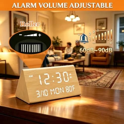 Kogonee Wooden Digital Alarm Clock with Dual USB Charging Ports, Dimmable LED Display, DST, 6" x 3" x 2.75" | Modern Home Decor thumbnail 5