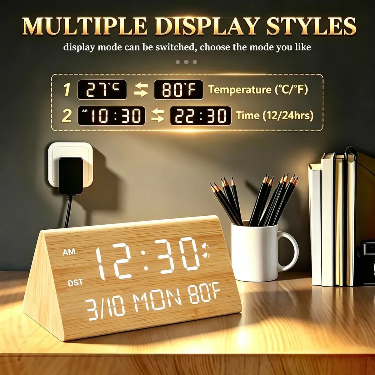 Kogonee Wooden Digital Alarm Clock with Dual USB Charging Ports, Dimmable LED Display, DST, 6" x 3" x 2.75" | Modern Home Decor - view 7