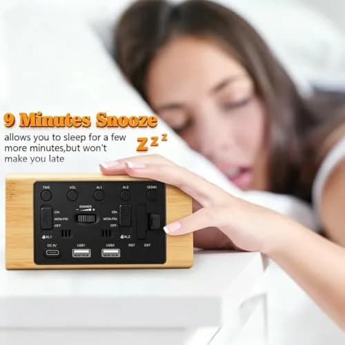 Kogonee Wooden Digital Alarm Clock with Dual USB Charging Ports, Dimmable LED Display, DST, 6" x 3" x 2.75" | Modern Home Decor thumbnail 8