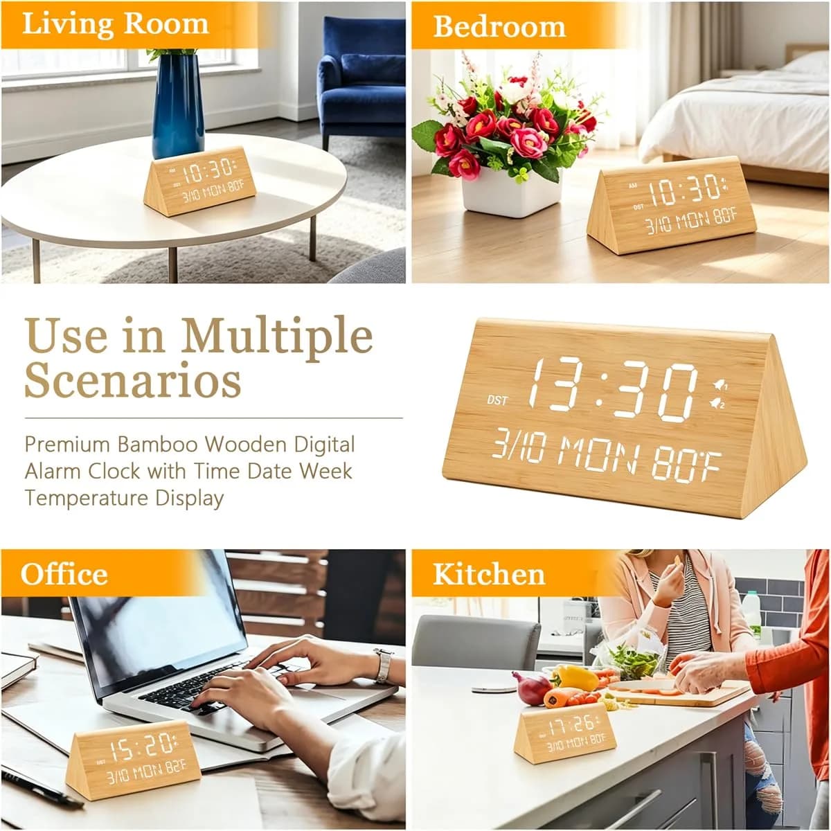 Kogonee Wooden Digital Alarm Clock with Dual USB Charging Ports, Dimmable LED Display, DST, 6" x 3" x 2.75" | Modern Home Decor - view 9