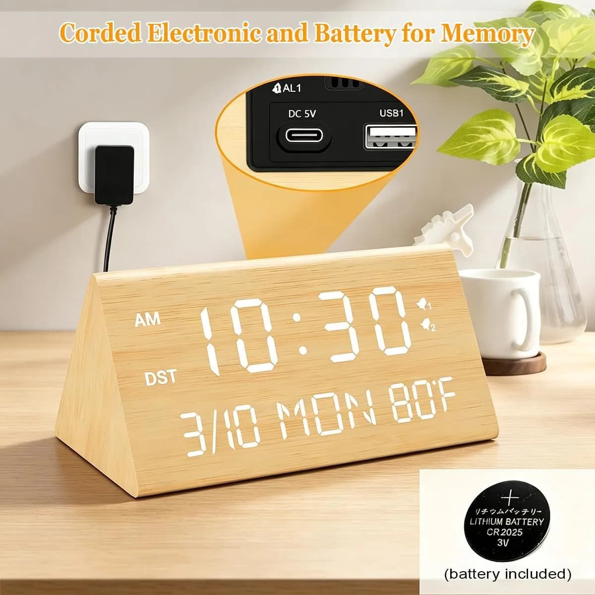 Kogonee Wooden Digital Alarm Clock with Dual USB Charging Ports, Dimmable LED Display, DST, 6" x 3" x 2.75" | Modern Home Decor - view 2