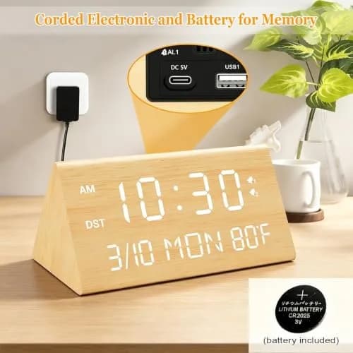 Kogonee Wooden Digital Alarm Clock with Dual USB Charging Ports, Dimmable LED Display, DST, 6" x 3" x 2.75" | Modern Home Decor thumbnail 2