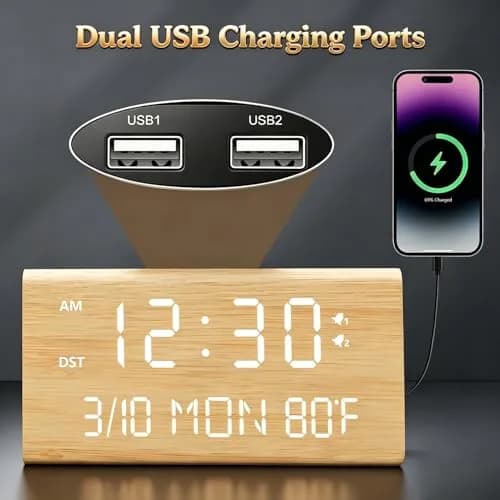 Kogonee Wooden Digital Alarm Clock with Dual USB Charging Ports, Dimmable LED Display, DST, 6" x 3" x 2.75" | Modern Home Decor thumbnail 3