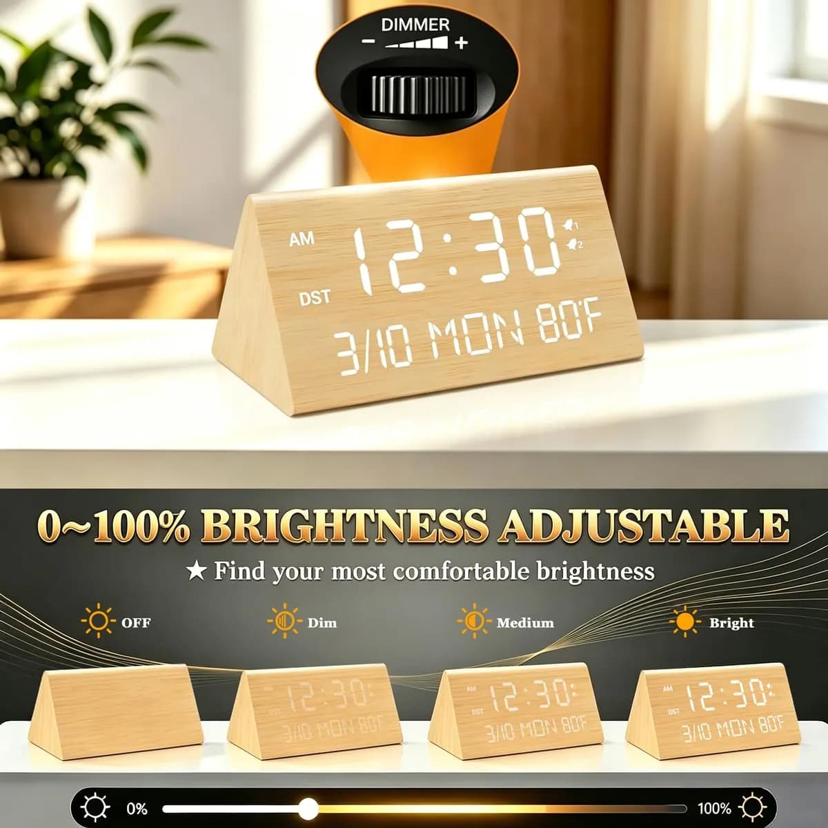 Kogonee Wooden Digital Alarm Clock with Dual USB Charging Ports, Dimmable LED Display, DST, 6" x 3" x 2.75" | Modern Home Decor - view 4