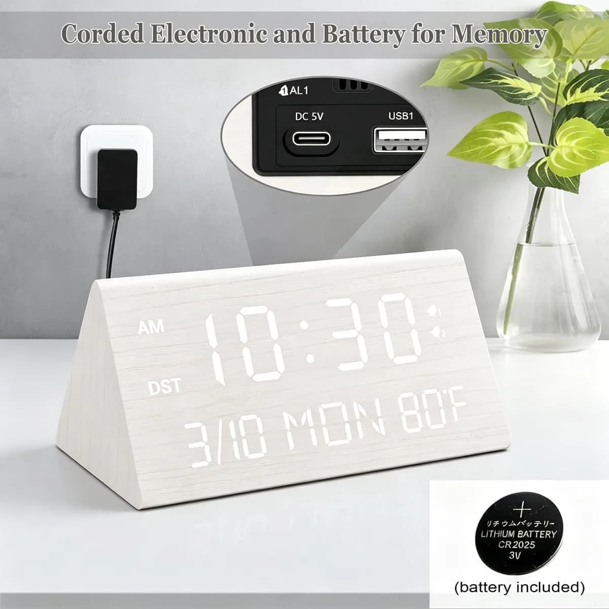 Kogonee Premium Wooden Digital Alarm Clock with Dual USB Charging Ports, Dimmable LED Display, 6-inch (15.24 cm) | Modern Decor for Bedrooms & Desks - view 2
