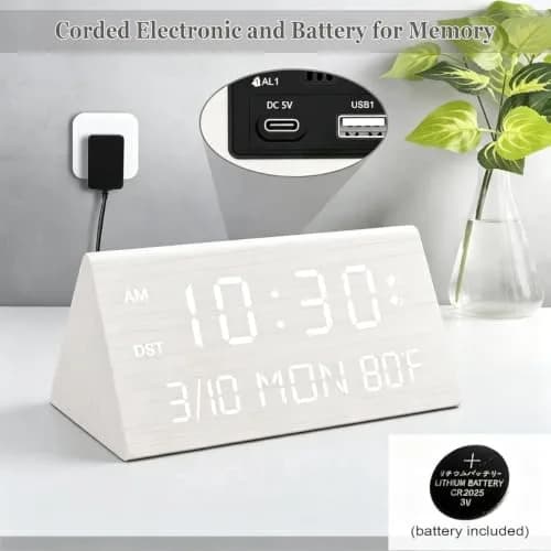 Kogonee Premium Wooden Digital Alarm Clock with Dual USB Charging Ports, Dimmable LED Display, 6-inch (15.24 cm) | Modern Decor for Bedrooms & Desks thumbnail 2