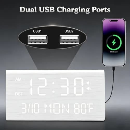 Kogonee Premium Wooden Digital Alarm Clock with Dual USB Charging Ports, Dimmable LED Display, 6-inch (15.24 cm) | Modern Decor for Bedrooms & Desks thumbnail 3