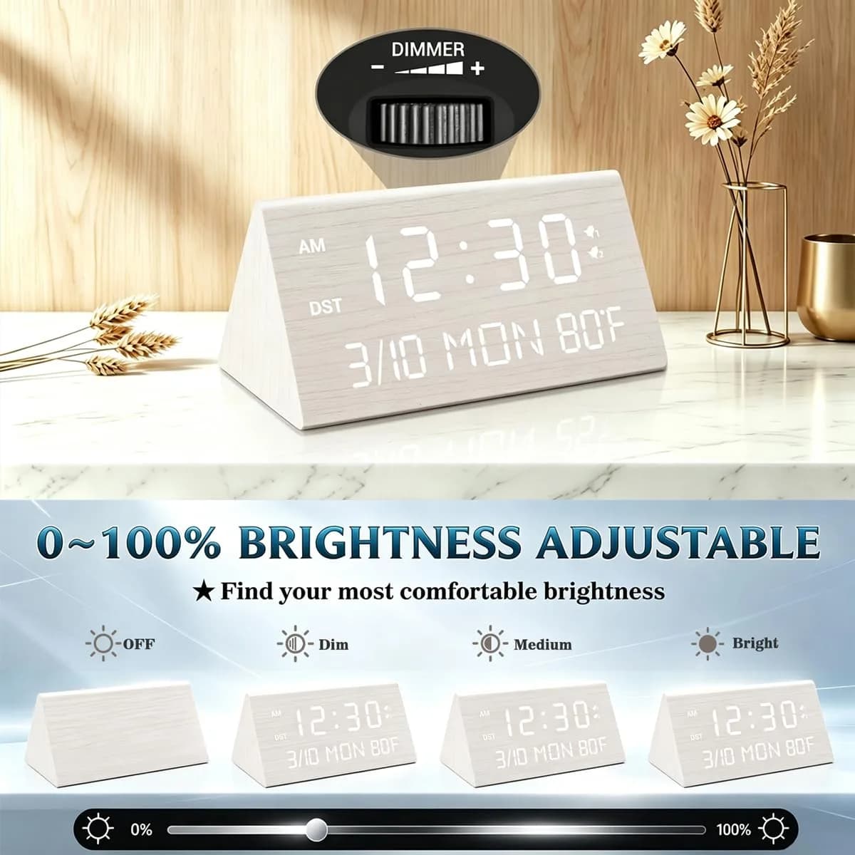 Kogonee Premium Wooden Digital Alarm Clock with Dual USB Charging Ports, Dimmable LED Display, 6-inch (15.24 cm) | Modern Decor for Bedrooms & Desks - view 4