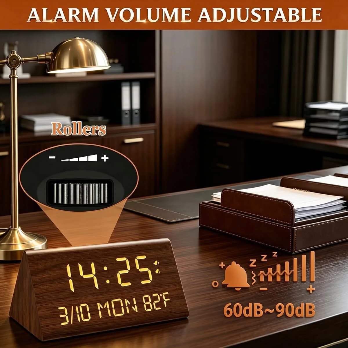 Kogonee Premium Wooden Digital Alarm Clock with Dual USB Charging Ports, Dimmable LED Display, Date, Day, Temp, DST | 8.7cm (3.4in) x 18.7cm (7.4in) - view 5
