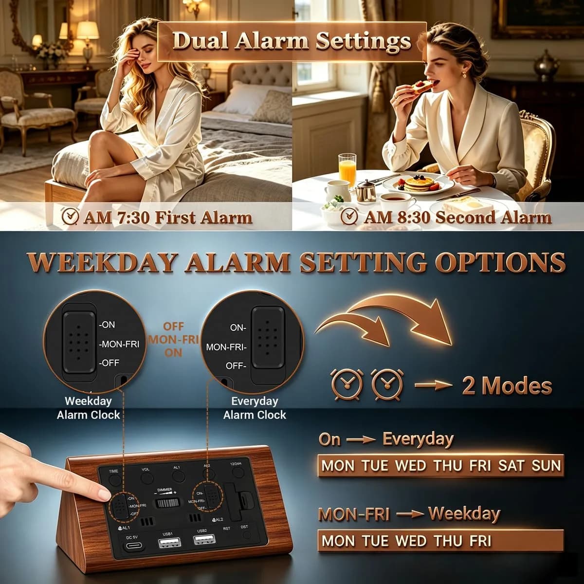 Kogonee Premium Wooden Digital Alarm Clock with Dual USB Charging Ports, Dimmable LED Display, Date, Day, Temp, DST | 8.7cm (3.4in) x 18.7cm (7.4in) - view 6