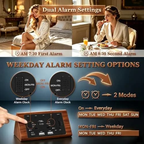 Kogonee Premium Wooden Digital Alarm Clock with Dual USB Charging Ports, Dimmable LED Display, Date, Day, Temp, DST | 8.7cm (3.4in) x 18.7cm (7.4in) thumbnail 6