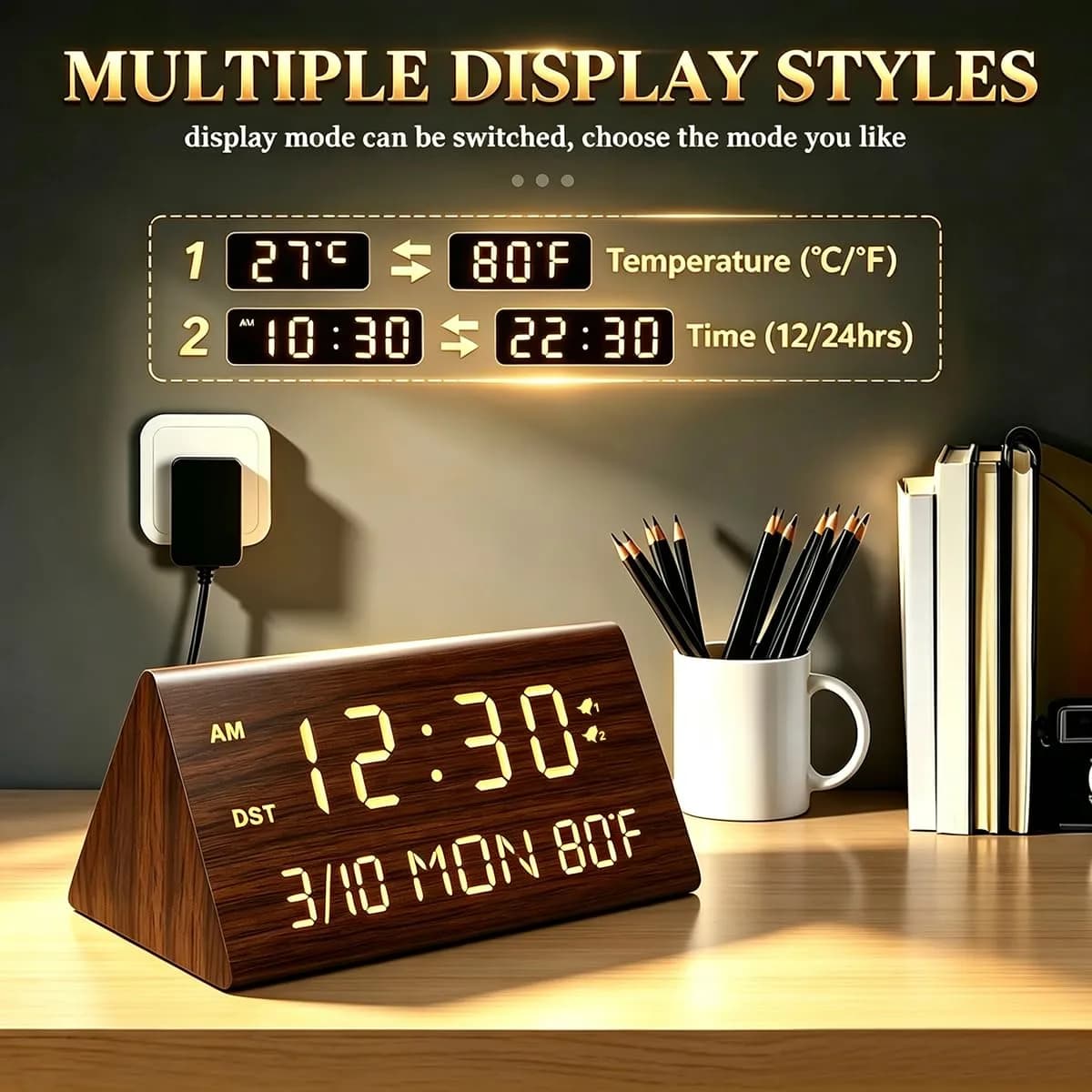 Kogonee Premium Wooden Digital Alarm Clock with Dual USB Charging Ports, Dimmable LED Display, Date, Day, Temp, DST | 8.7cm (3.4in) x 18.7cm (7.4in) - view 7