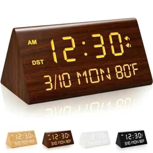 Kogonee Premium Wooden Digital Alarm Clock with Dual USB Charging Ports, Dimmable LED Display, Date, Day, Temp, DST | 8.7cm (3.4in) x 18.7cm (7.4in) thumbnail 1