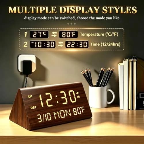 Kogonee Premium Wooden Digital Alarm Clock with Dual USB Charging Ports, Dimmable LED Display, Date, Day, Temp, DST | 8.7cm (3.4in) x 18.7cm (7.4in) thumbnail 7