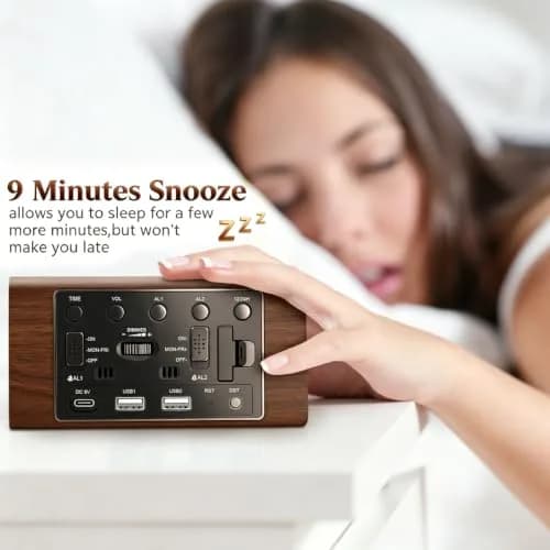 Kogonee Premium Wooden Digital Alarm Clock with Dual USB Charging Ports, Dimmable LED Display, Date, Day, Temp, DST | 8.7cm (3.4in) x 18.7cm (7.4in) thumbnail 8
