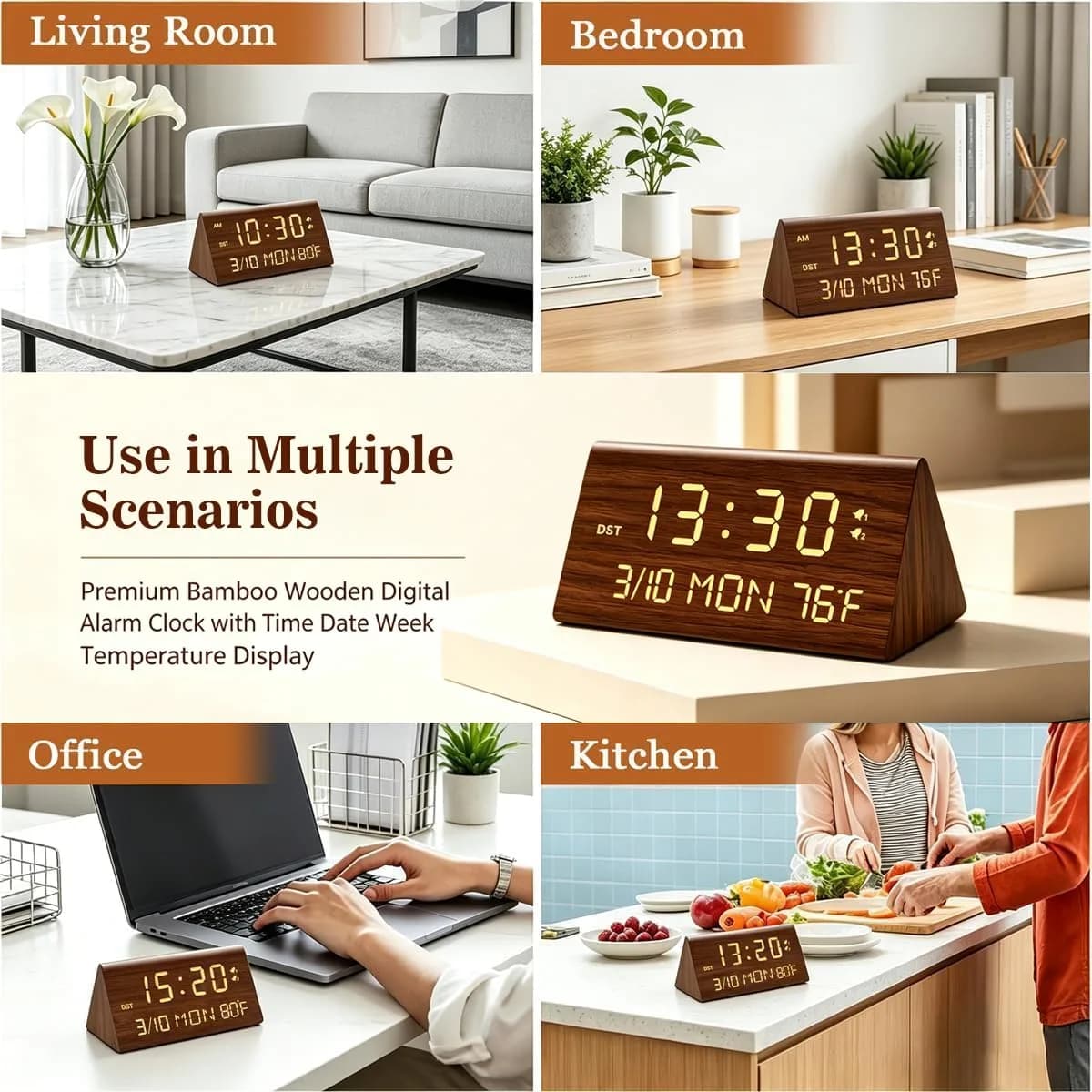 Kogonee Premium Wooden Digital Alarm Clock with Dual USB Charging Ports, Dimmable LED Display, Date, Day, Temp, DST | 8.7cm (3.4in) x 18.7cm (7.4in) - view 9
