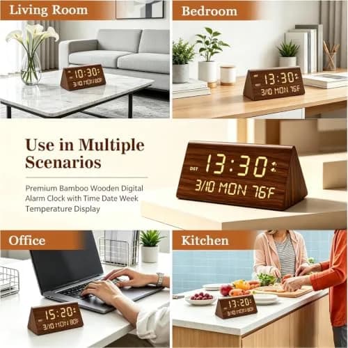 Kogonee Premium Wooden Digital Alarm Clock with Dual USB Charging Ports, Dimmable LED Display, Date, Day, Temp, DST | 8.7cm (3.4in) x 18.7cm (7.4in) thumbnail 9