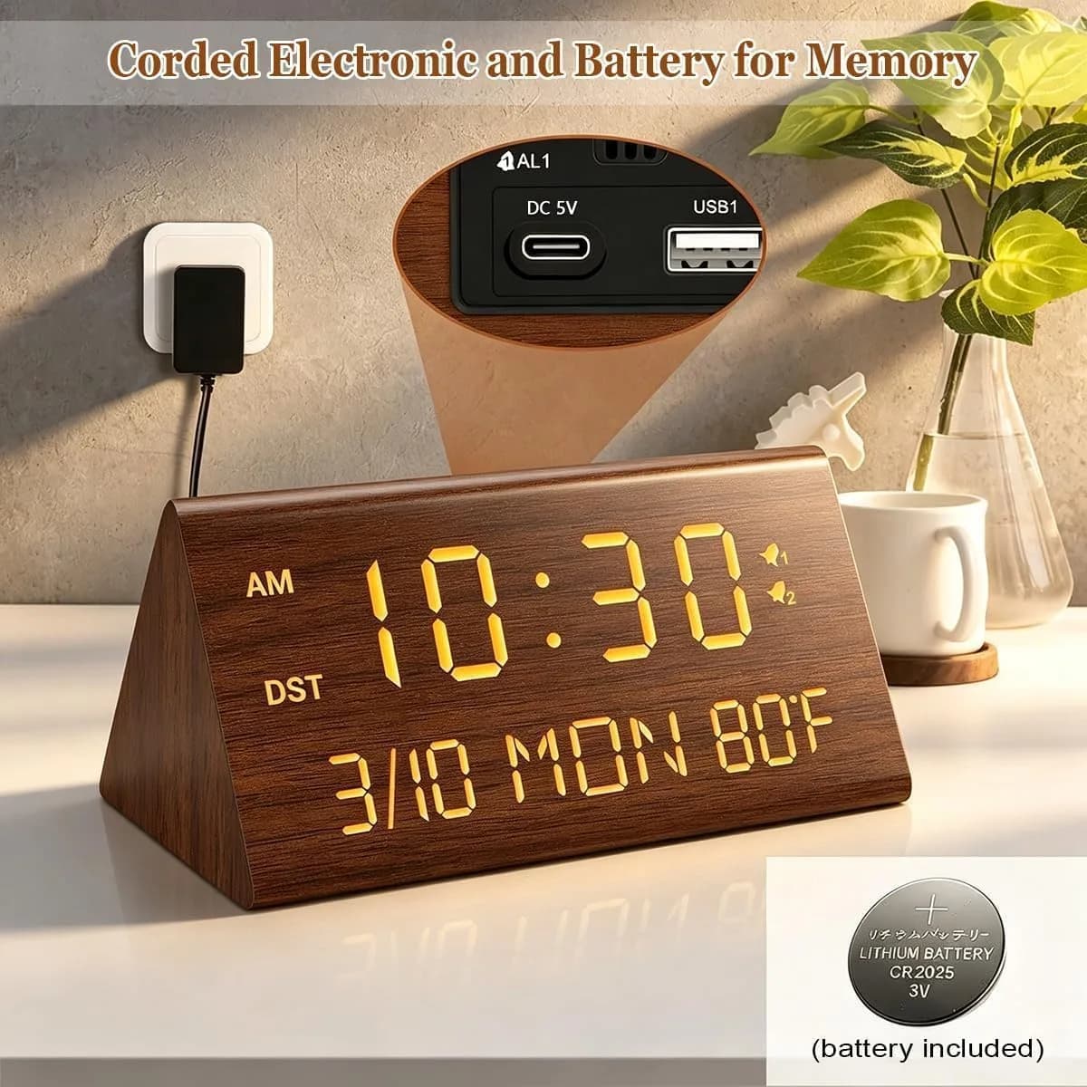 Kogonee Premium Wooden Digital Alarm Clock with Dual USB Charging Ports, Dimmable LED Display, Date, Day, Temp, DST | 8.7cm (3.4in) x 18.7cm (7.4in) - view 2