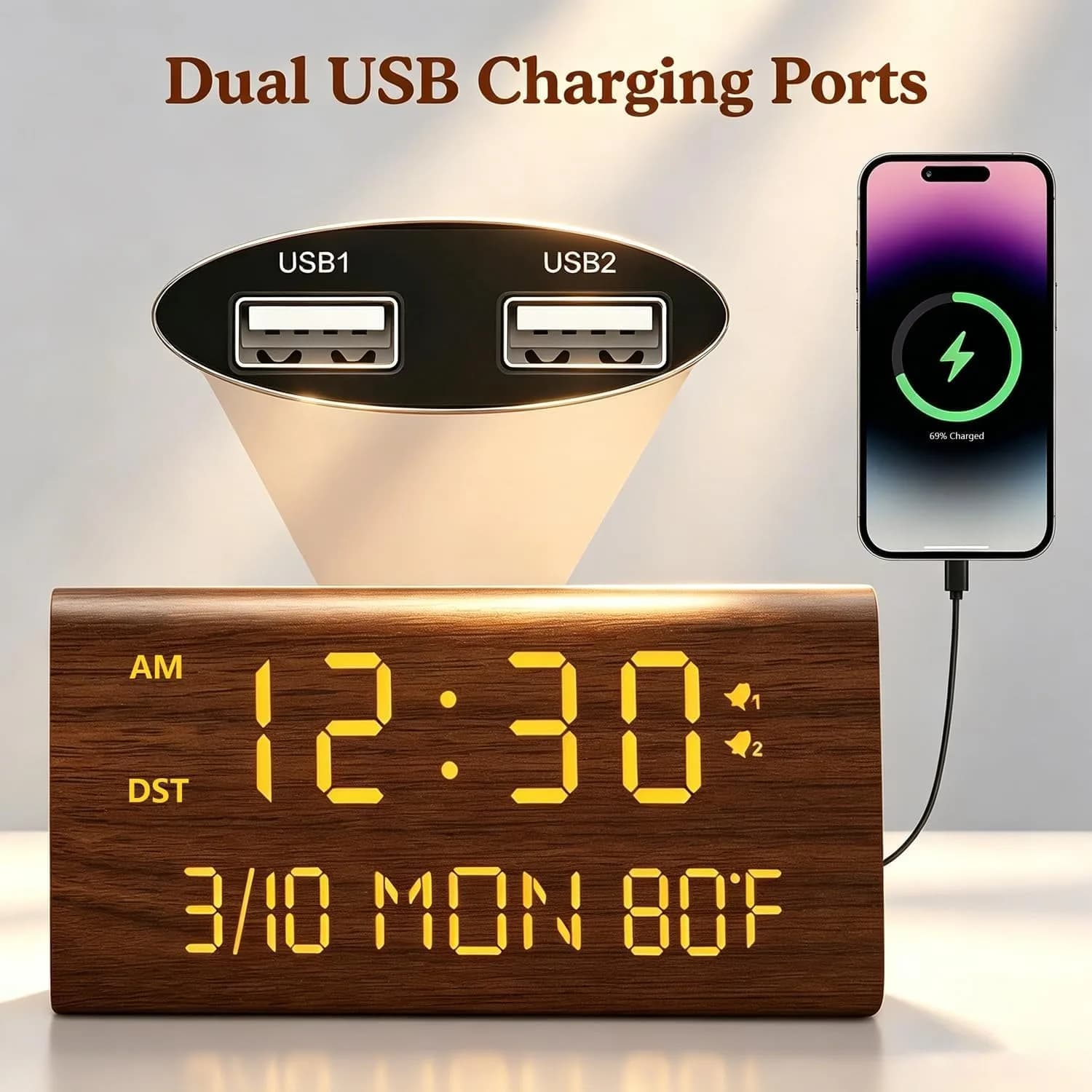 Kogonee Premium Wooden Digital Alarm Clock with Dual USB Charging Ports, Dimmable LED Display, Date, Day, Temp, DST | 8.7cm (3.4in) x 18.7cm (7.4in) - view 3