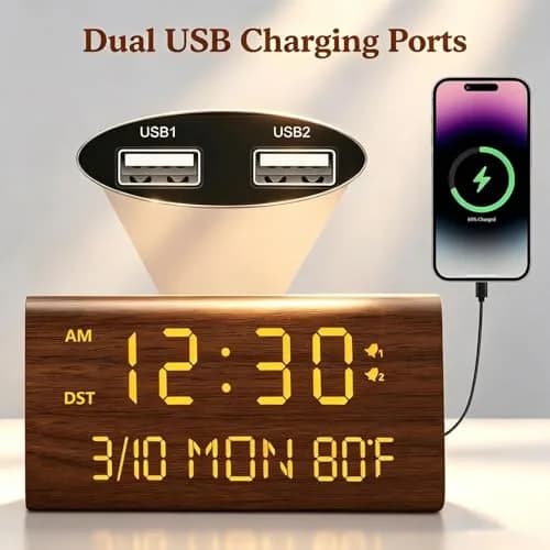 Kogonee Premium Wooden Digital Alarm Clock with Dual USB Charging Ports, Dimmable LED Display, Date, Day, Temp, DST | 8.7cm (3.4in) x 18.7cm (7.4in) thumbnail 3
