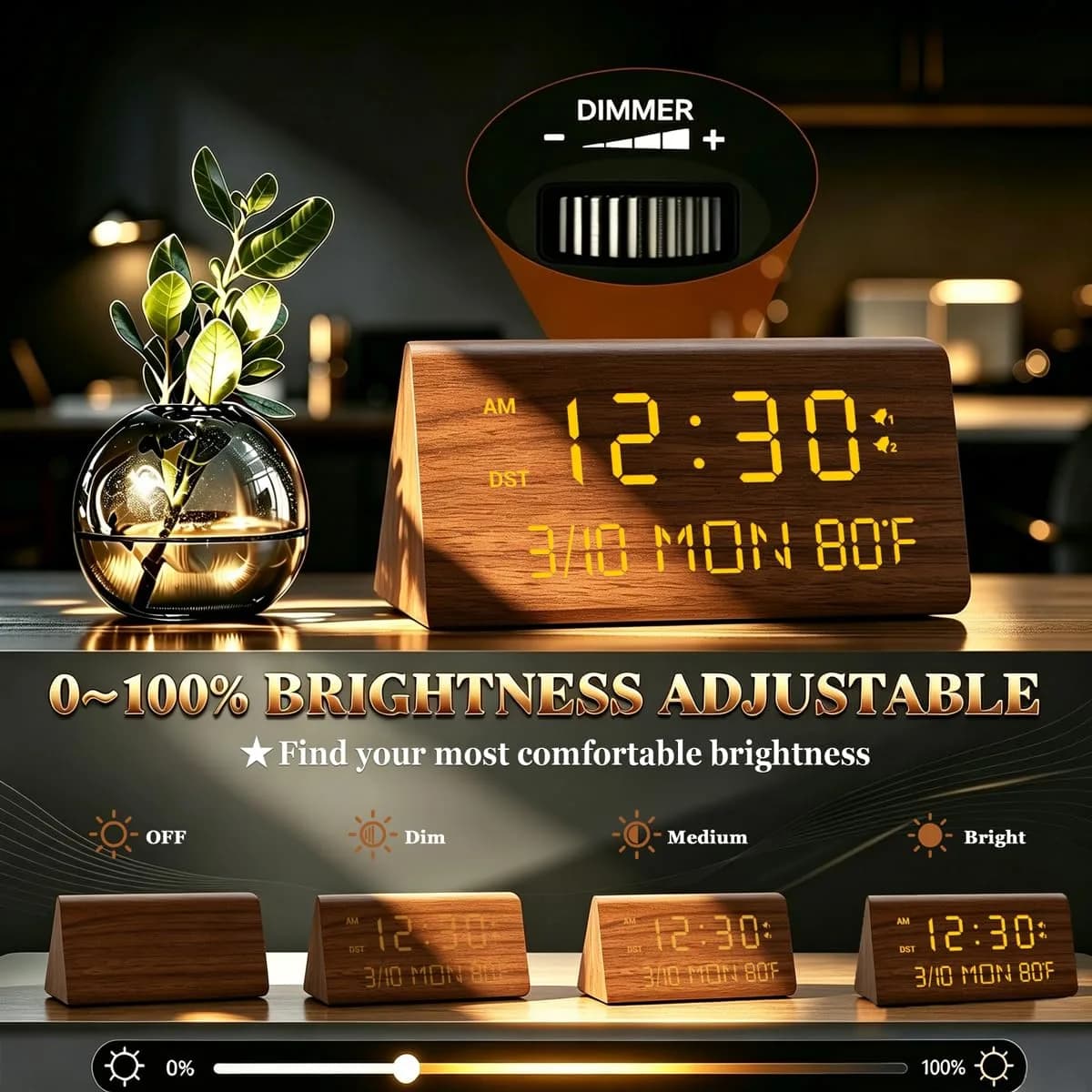 Kogonee Premium Wooden Digital Alarm Clock with Dual USB Charging Ports, Dimmable LED Display, Date, Day, Temp, DST | 8.7cm (3.4in) x 18.7cm (7.4in) - view 4