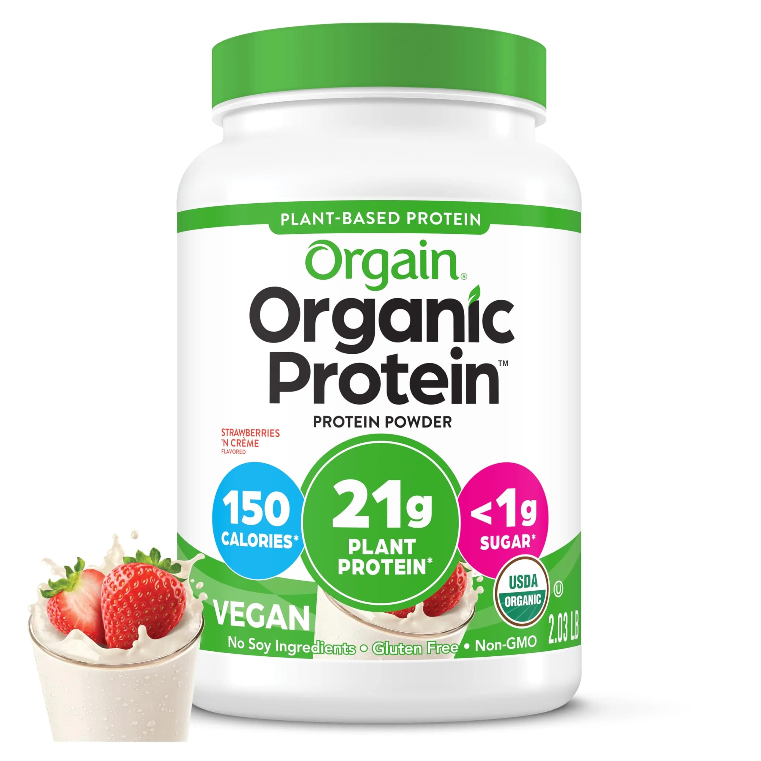 Orgain Organic Vegan Protein Powder Strawberries & Cream | 21g Plant Protein, Low Net Carb, Gluten-Free - main product image