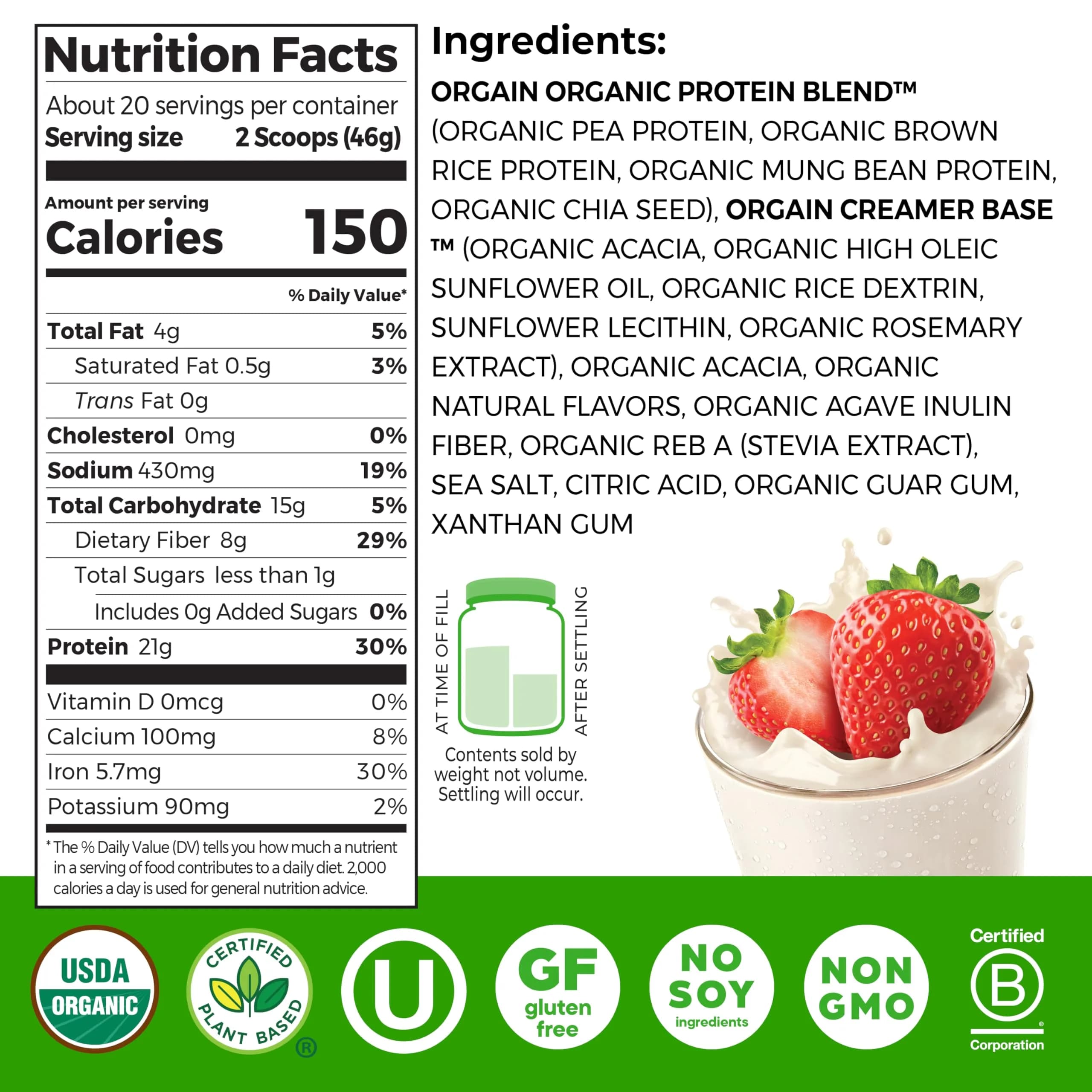 Orgain Organic Vegan Protein Powder Strawberries & Cream | 21g Plant Protein, Low Net Carb, Gluten-Free - view 2
