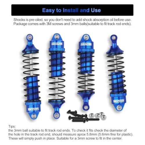 ARRAROWN Blue 4pcs RC Car Shock Absorber Set 100mm/115mm | CNC Machined Metal Upgrade thumbnail 5