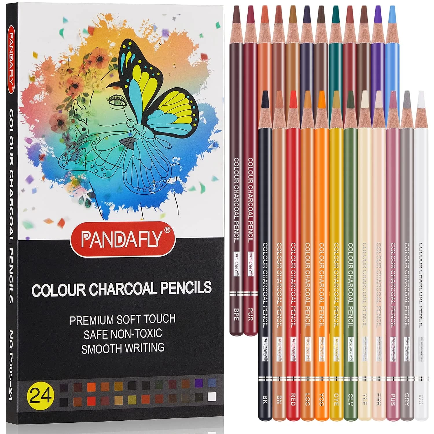 PANDAFLY Professional Colored Charcoal Pencils Drawing Set, 24 Colors | Non-Toxic, Skin Tone Shades