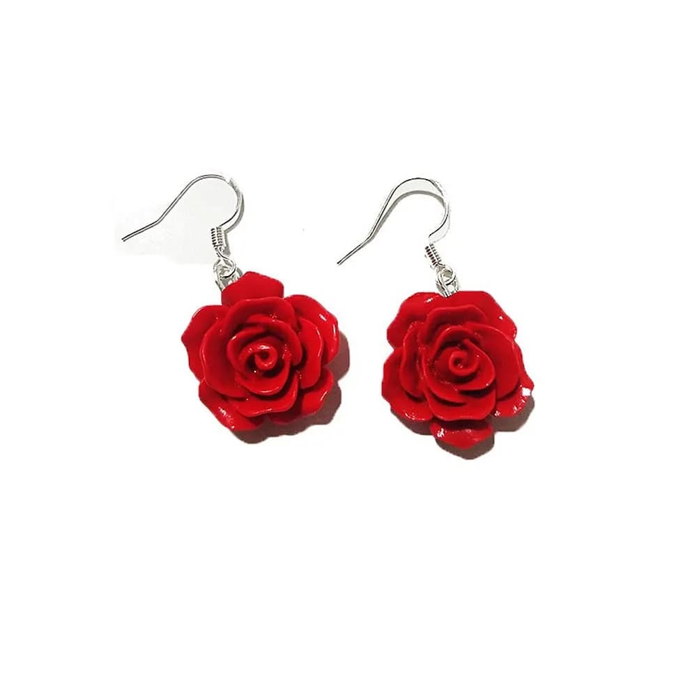 Caiyao Red Rose Flower Earrings Ring Vintage Enamel Dangle Jewelry for Women | Double Rose Design — Earrings