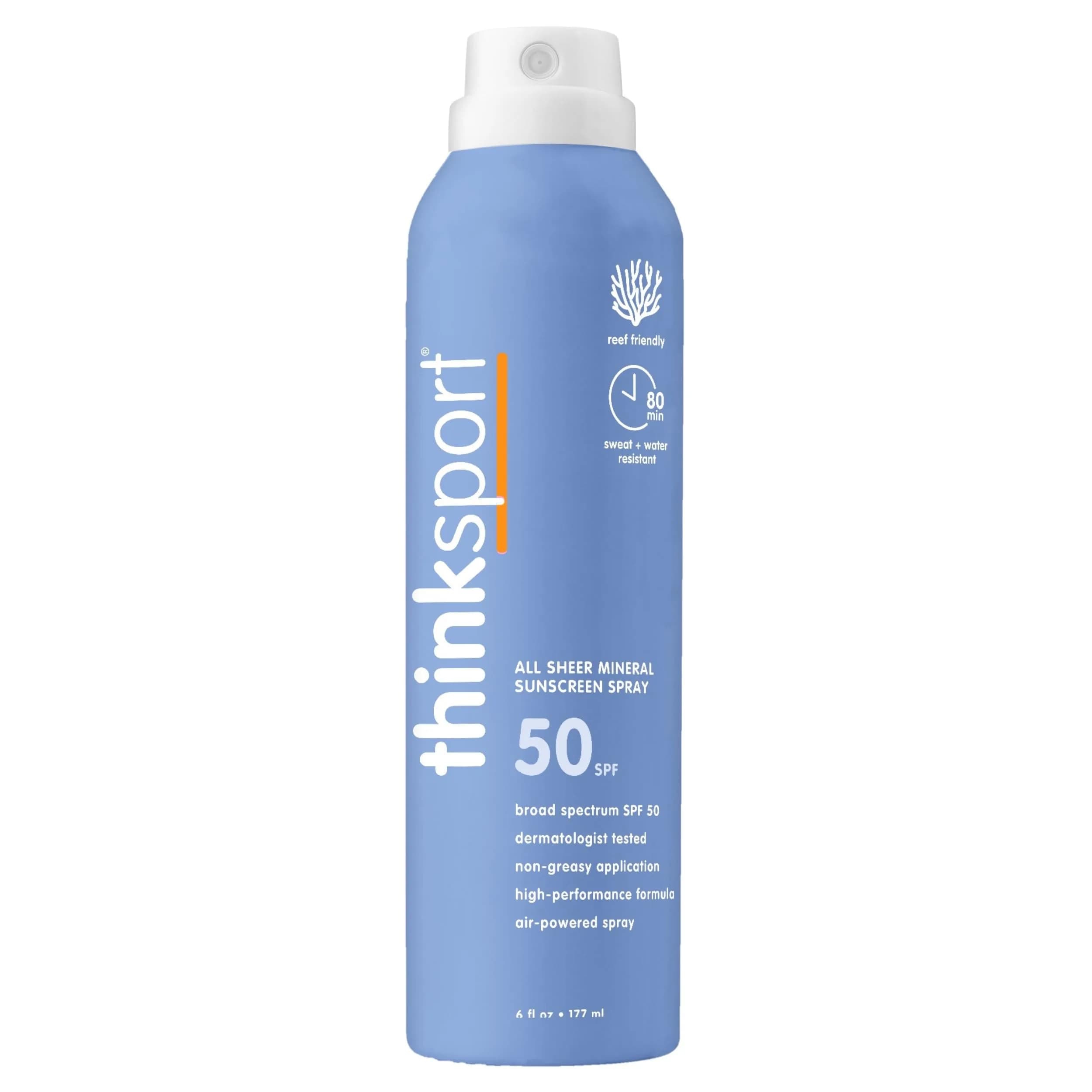 Thinksport SPF 50+ Mineral Sunscreen Spray, All Sheer, 177ml (6 Fl Oz) | Natural, Water Resistant Body Sun Protection - main product image