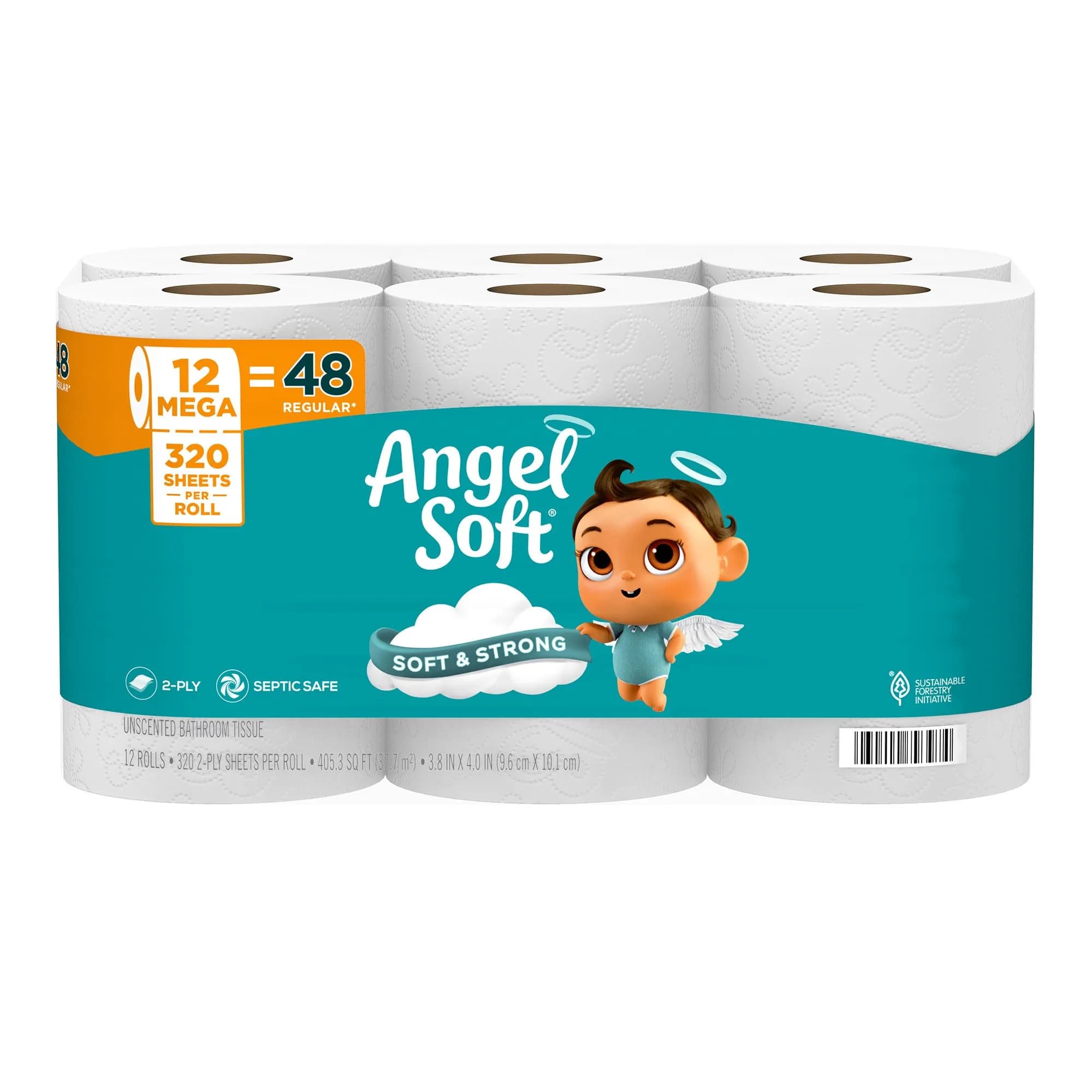 Angel Soft Toilet Paper, 12 Mega Rolls (3840 Sheets Total) | Soft & Strong 2-Ply Tissue - main product image