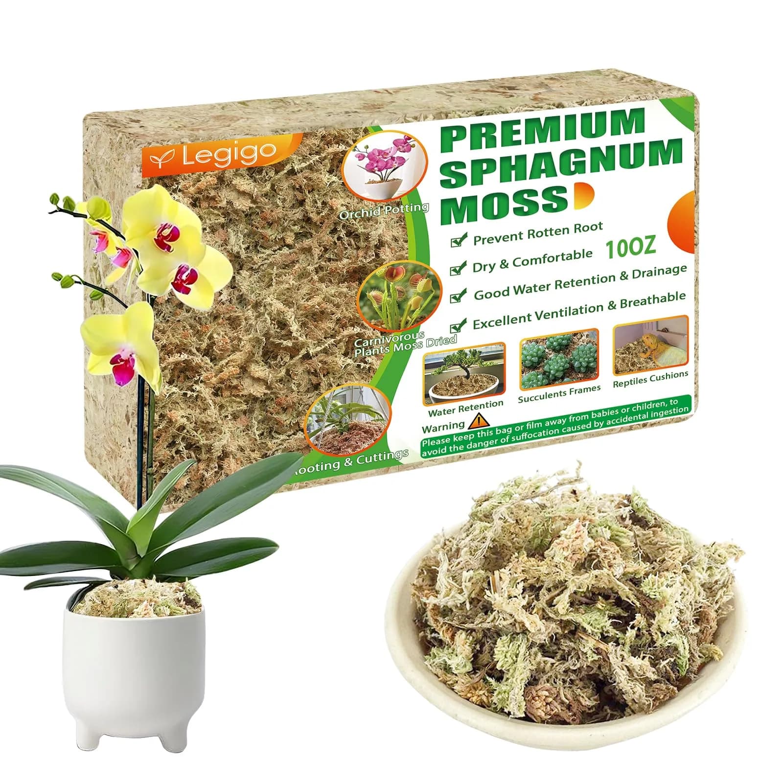 Legigo Premium Sphagnum Moss - 12 QT (10 oz) | Natural Long Fiber for Orchids & Succulents - main product image