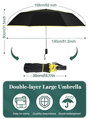 Kalolary 62" Automatic Folding Umbrella Extra Large Golf Umbrella Black | Wind-Resistant & Sunproof thumbnail 2