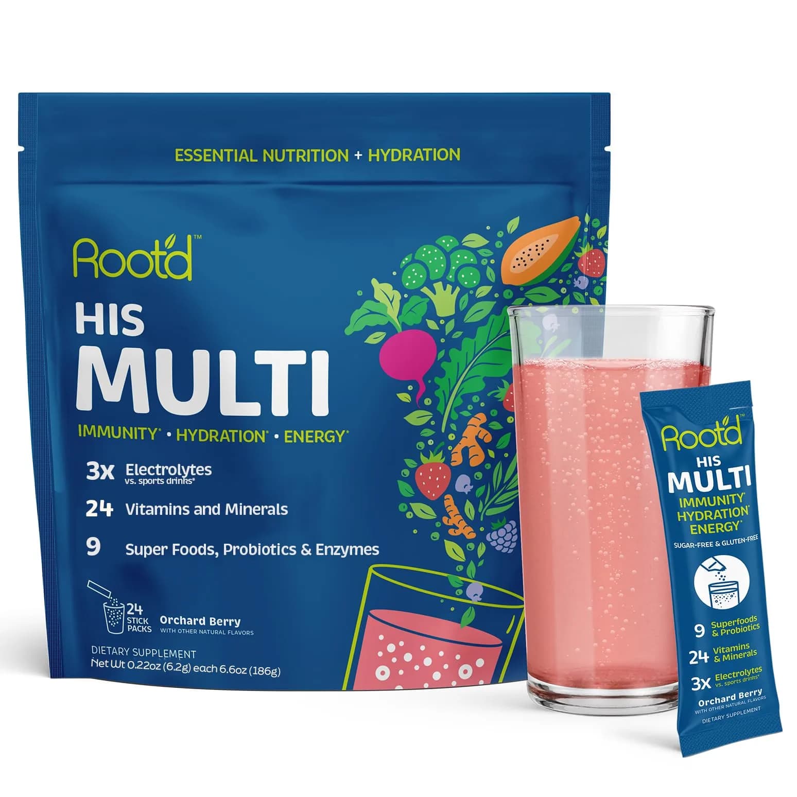 Root'd Multivitamin Powder for Men - 24 Vitamins & Minerals | Sugar-Free Hydration with Organic Superfoods — 0.22 Ounce
