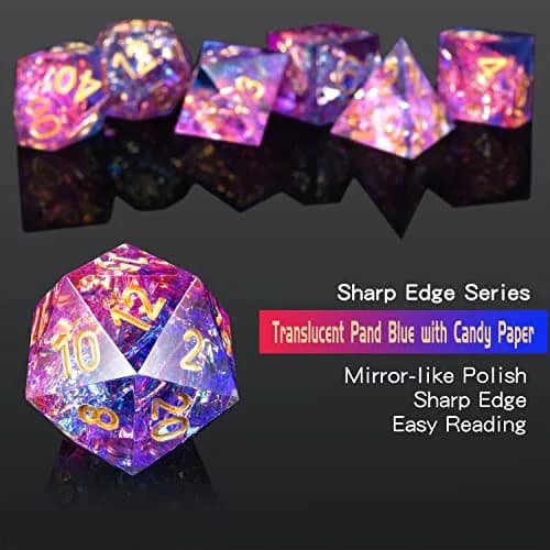 DNDND Game Dice Set, 7 pcs Sharp Edge Dice with Metal Case | Translucent Pink & Blue, Perfect for D&D & RPGs thumbnail 4