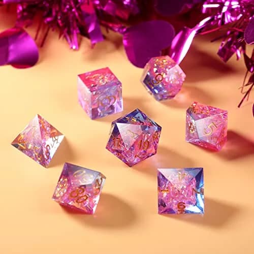 DNDND Game Dice Set, 7 pcs Sharp Edge Dice with Metal Case | Translucent Pink & Blue, Perfect for D&D & RPGs thumbnail 3