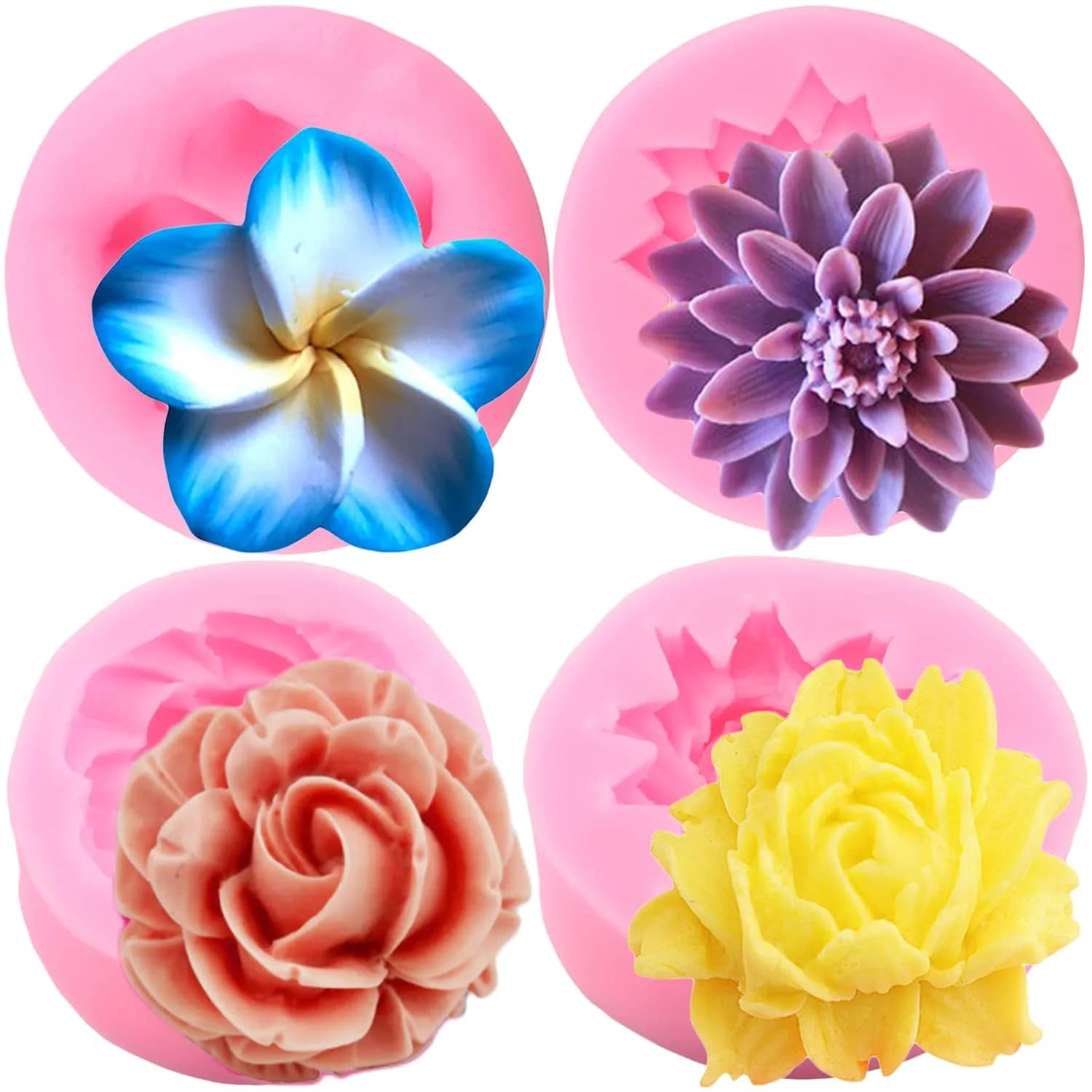ZiXiang Flower Silicone Molds Set of 4 | Rose Chrysanthemum Fondant Molds for Cake Decorating, 1.88-2.20 inch Cavities - main product image