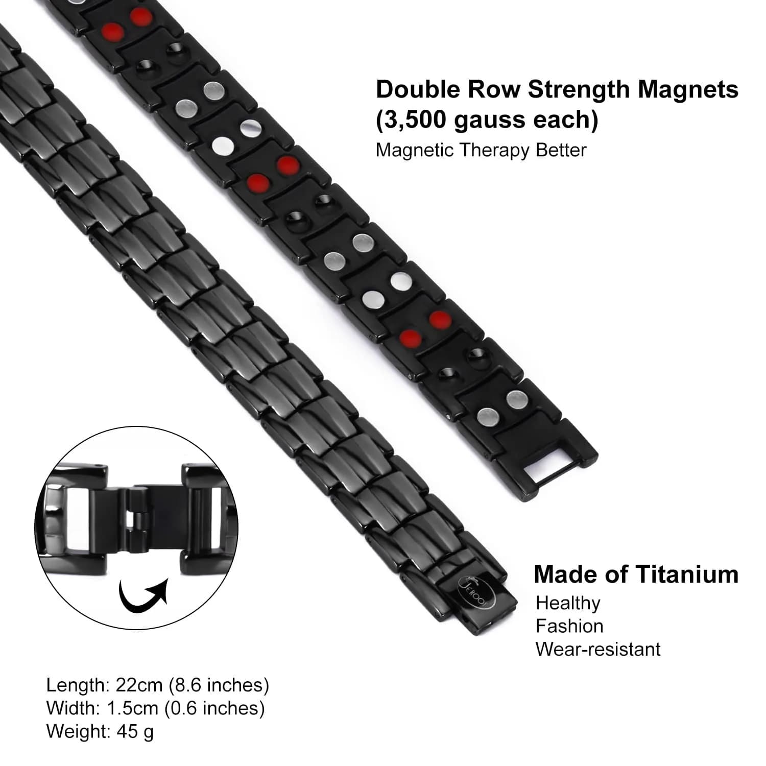 JEROOT Black Anion Magnetic Bracelet 22cm (8.6 inches) | Pure Titanium with 3500 Gauss Magnets - view 4