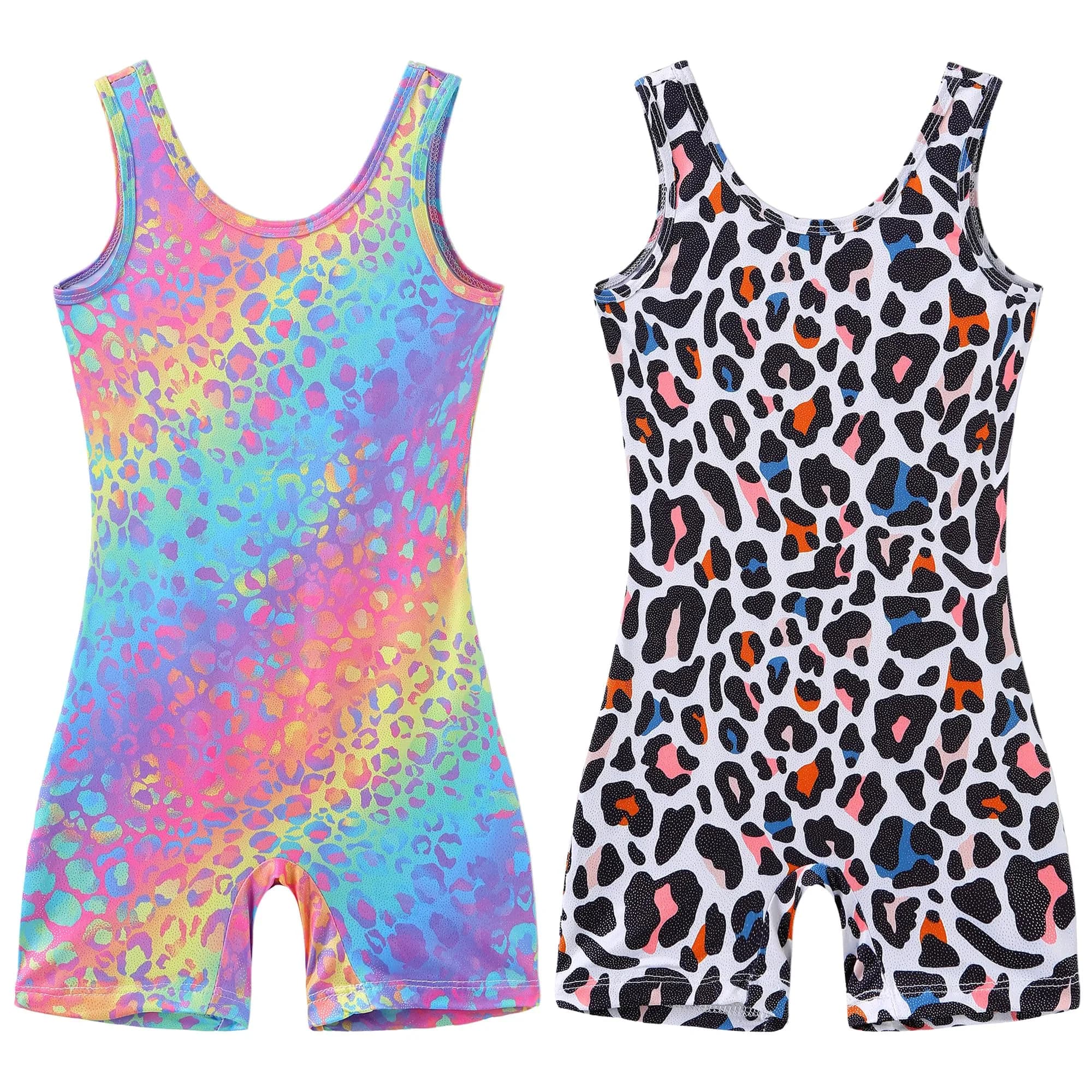 LUOUSE 2 Pack Girls Gymnastics Leotards with Shorts, Toddler & Little Kids Rainbow Leopard Print Unitards (25ml / 0.811 Fl Oz)