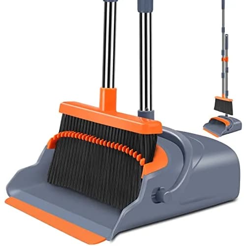 kelamayi Extendable Broom and Dustpan Set with Self-Cleaning Teeth, 129 cm (50.39 inches) | Ideal for Pet Hair & Indoor Sweeping — Gray&orange