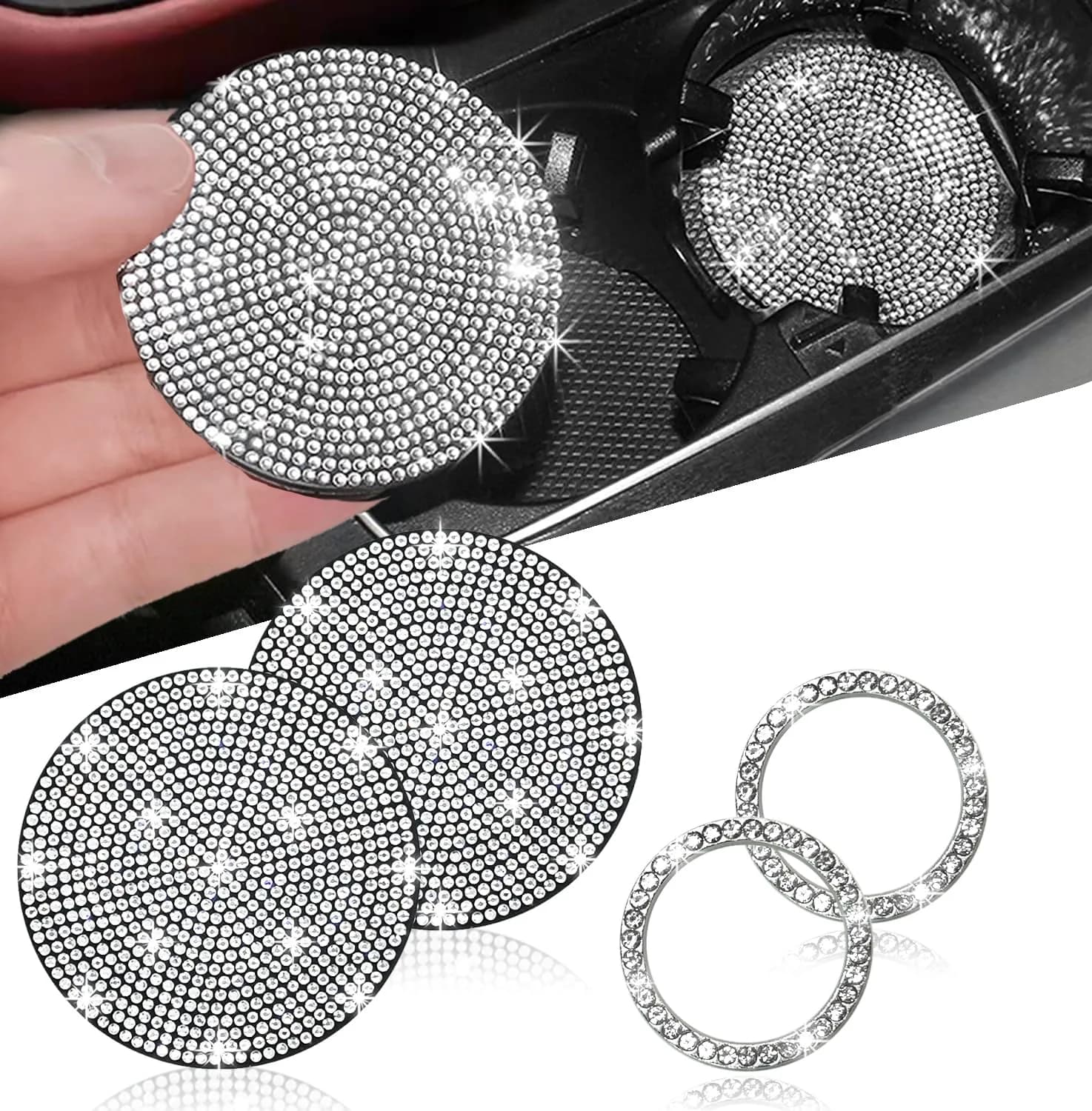 NBTEPEM Bling Car Cup Holder Coasters & Push Start Button Set 7cm (2.75 inch) | Sparkle Interior Accessories for Women — White