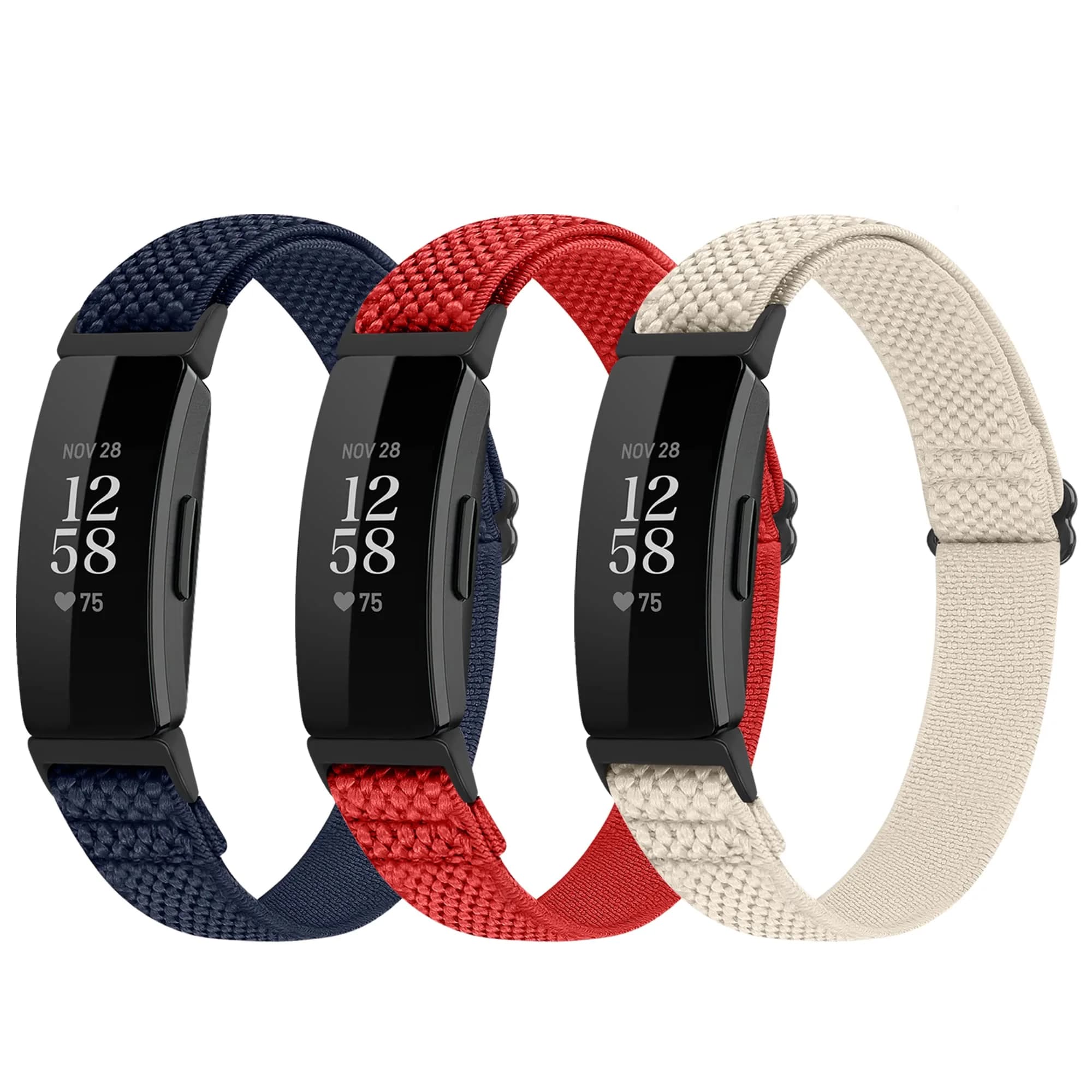 Huamanlou Adjustable Elastic Nylon Sport Bands Compatible with Fitbit Inspire 3/Inspire 2/Inspire/Inspire HR/Ace 2/Ace 3 | Breathable, Stretchy & Durable (70-120 chars) — Indigo+China Red+Beige