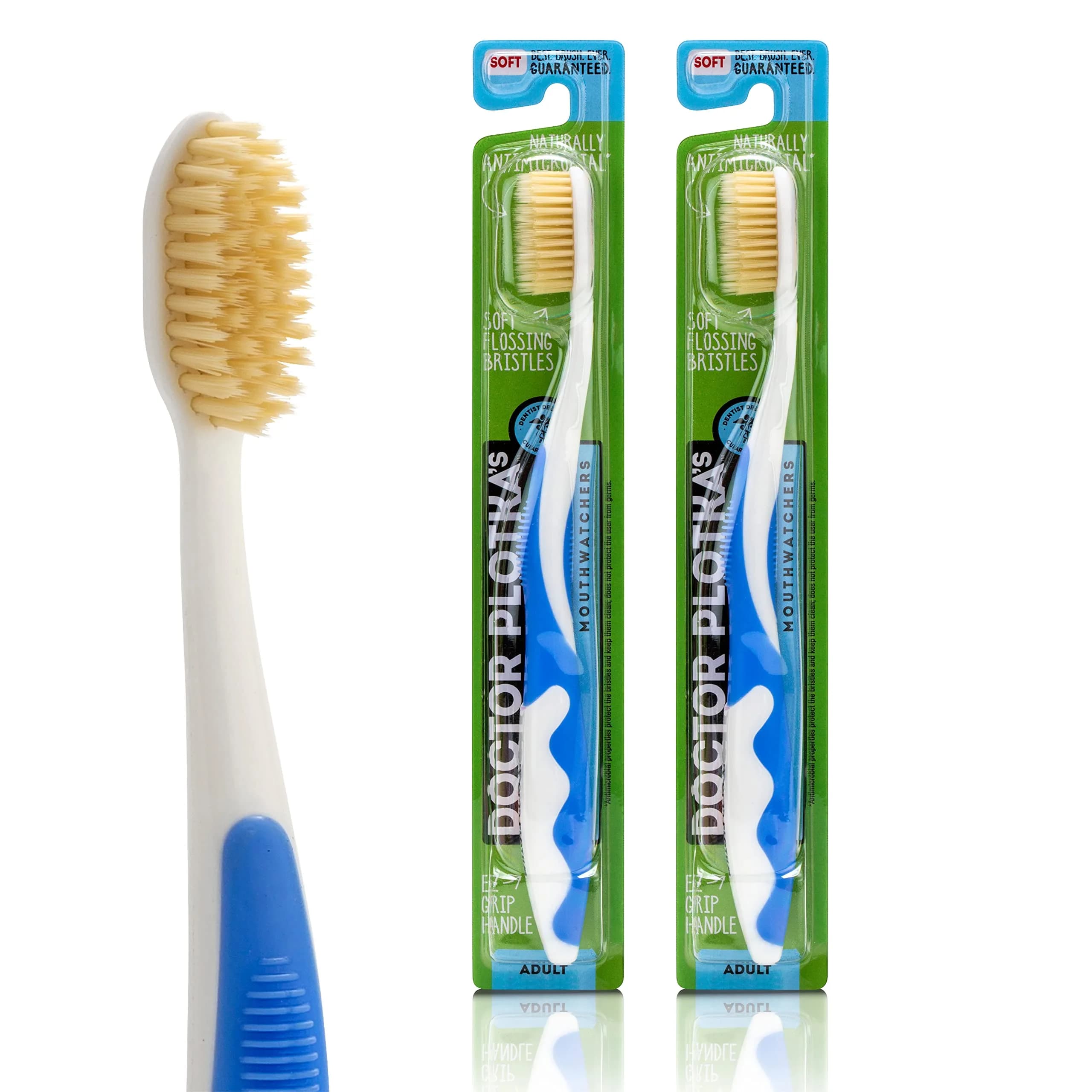 MOUTHWATCHERS Soft Flossing Manual Toothbrush with Built-in Flosser, Adults, 2-Pack, Blue | Dentist Developed for Sensitive Gums - main product image