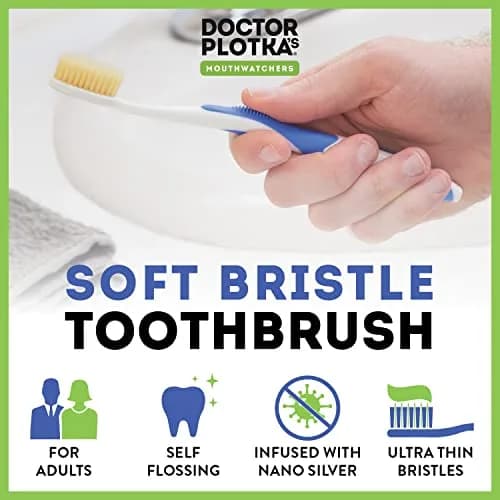 MOUTHWATCHERS Soft Flossing Manual Toothbrush with Built-in Flosser, Adults, 2-Pack, Blue | Dentist Developed for Sensitive Gums thumbnail 2